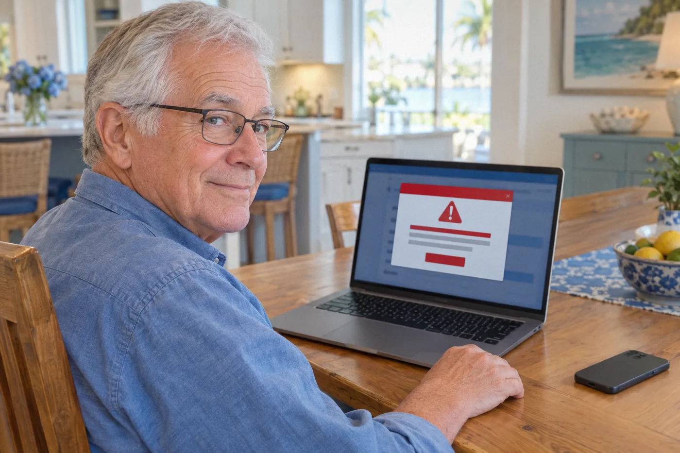 A smiling older man at his kitchen table, calmly ignoring a fake red warning pop-up on his laptop